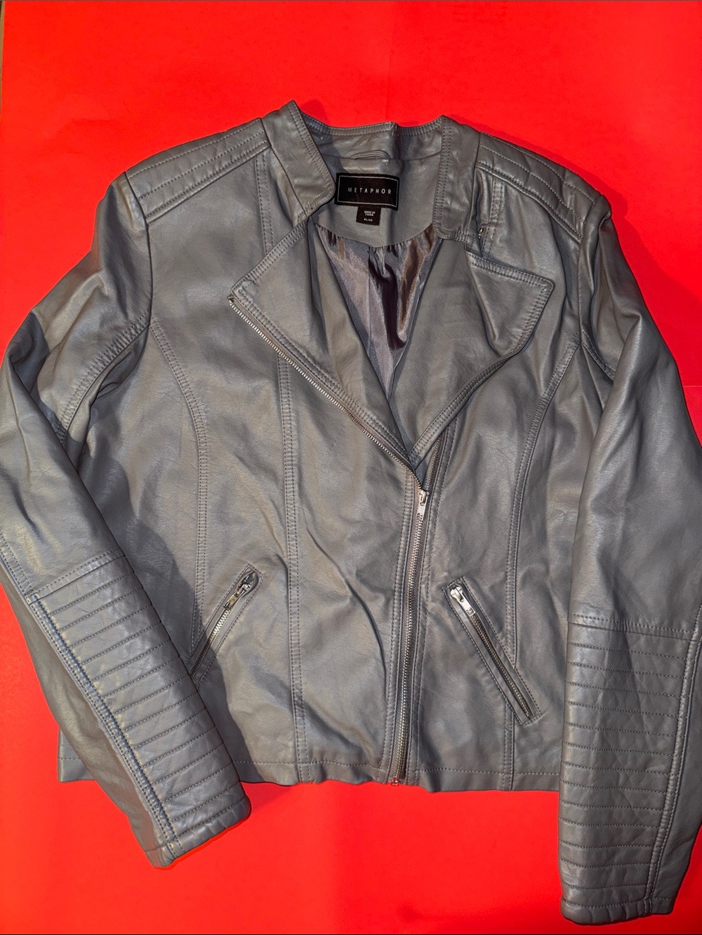 Metaphor Women's Gray Faux Leather Moto Jacket Sz XL New